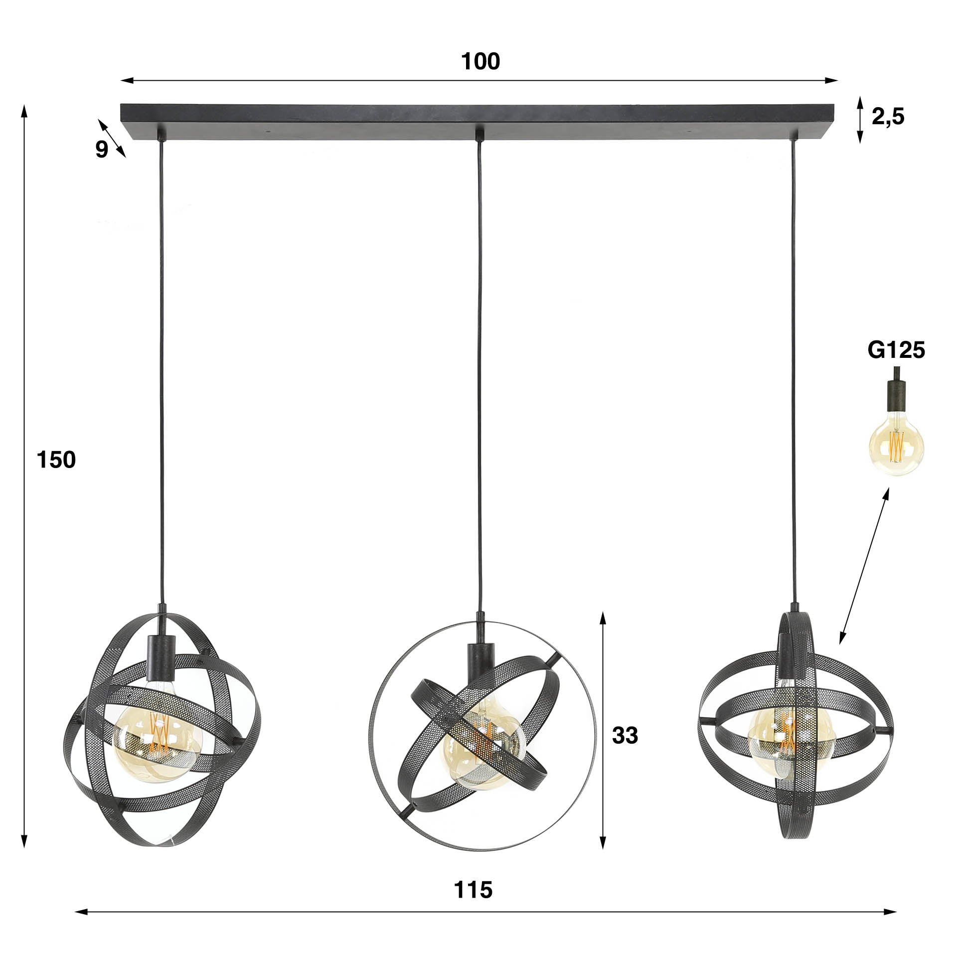 Hänglampa 3L cosmos mesh / Artic svart