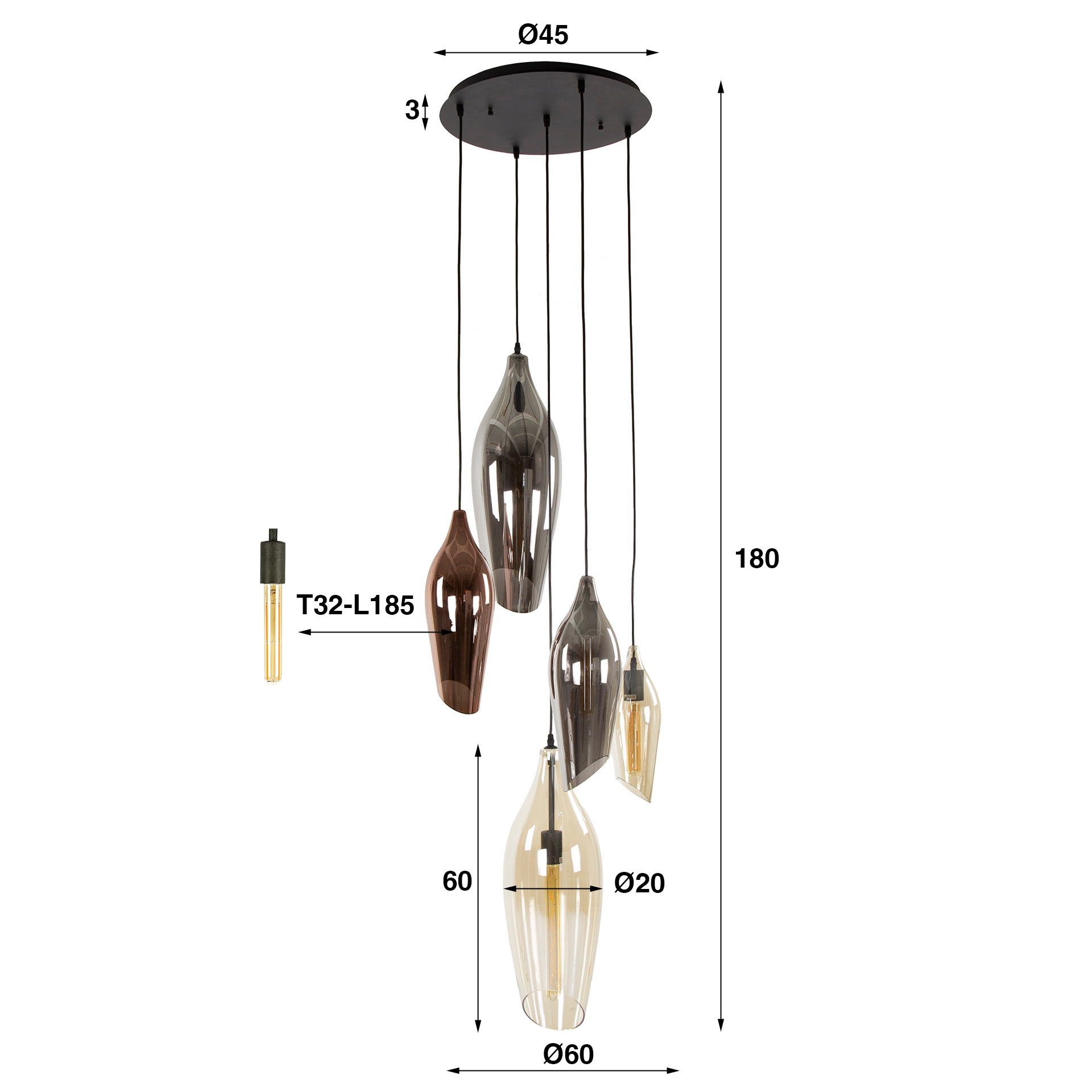 Hänglampa 5L stegad kokongmix glas / Svart