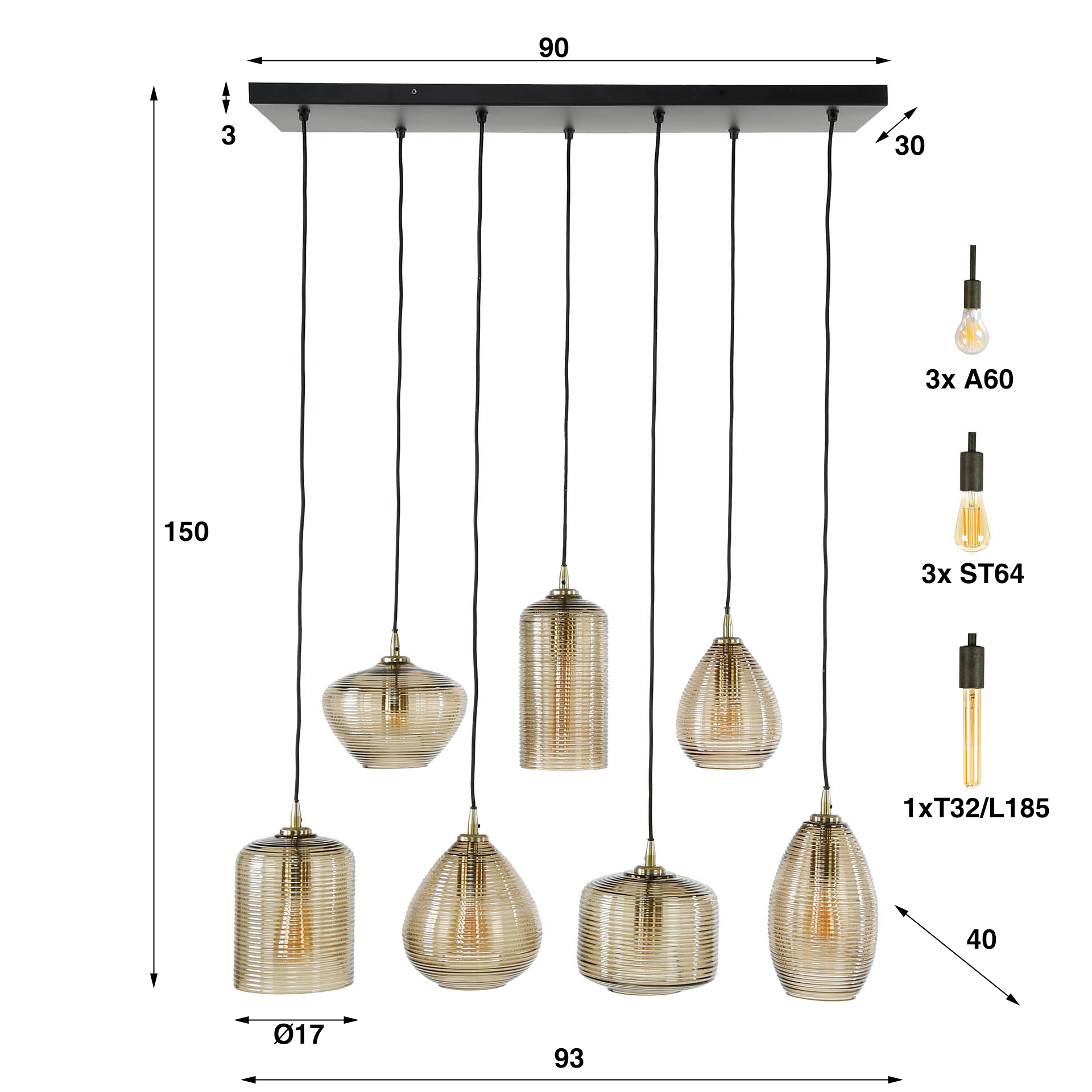 Hänglampa 4+3 randigt glas horisontellt / Bärnstensfärgat glas