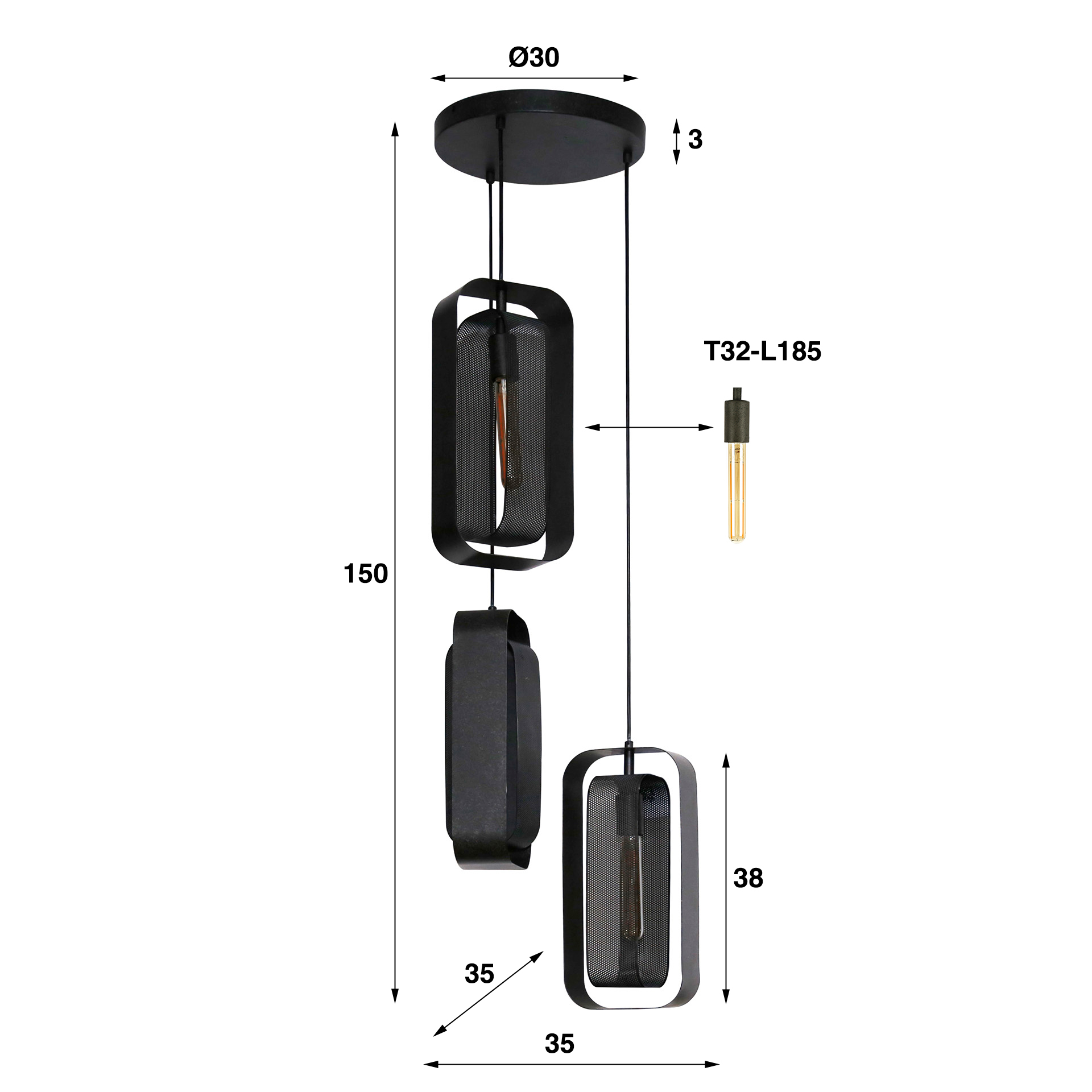 Hänglampa 3L mesh rotate / Artic black