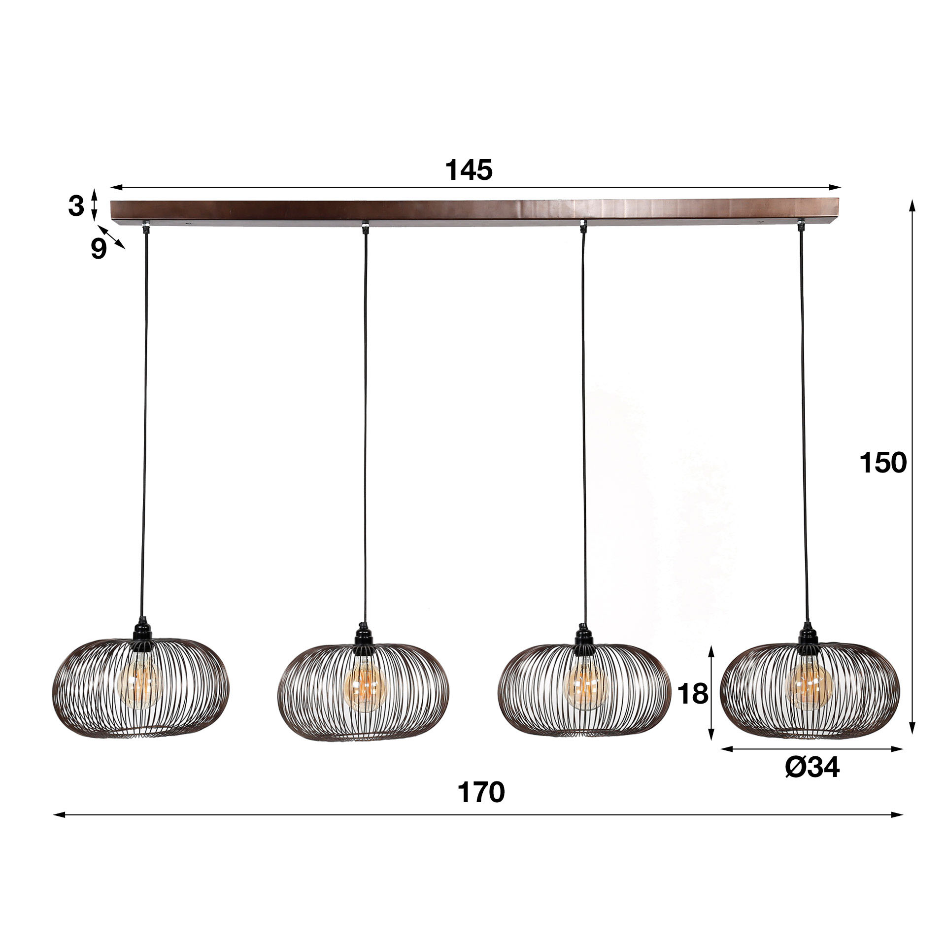 Hänglampa 4x Ø35 skivtråd koppartråd / Svart nickel