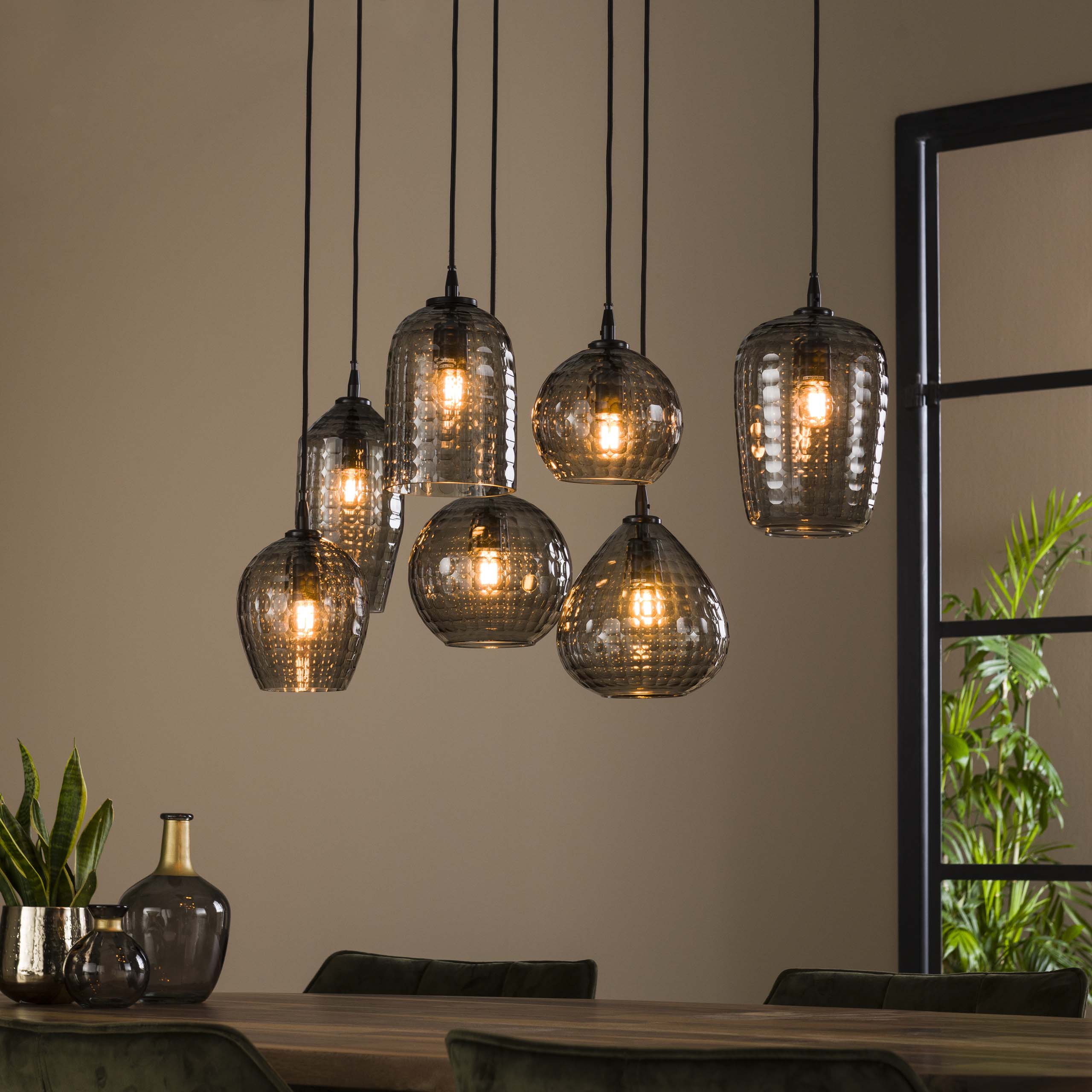 Hänglampa Hexagon 4+3 lampor - Rökgrått glas