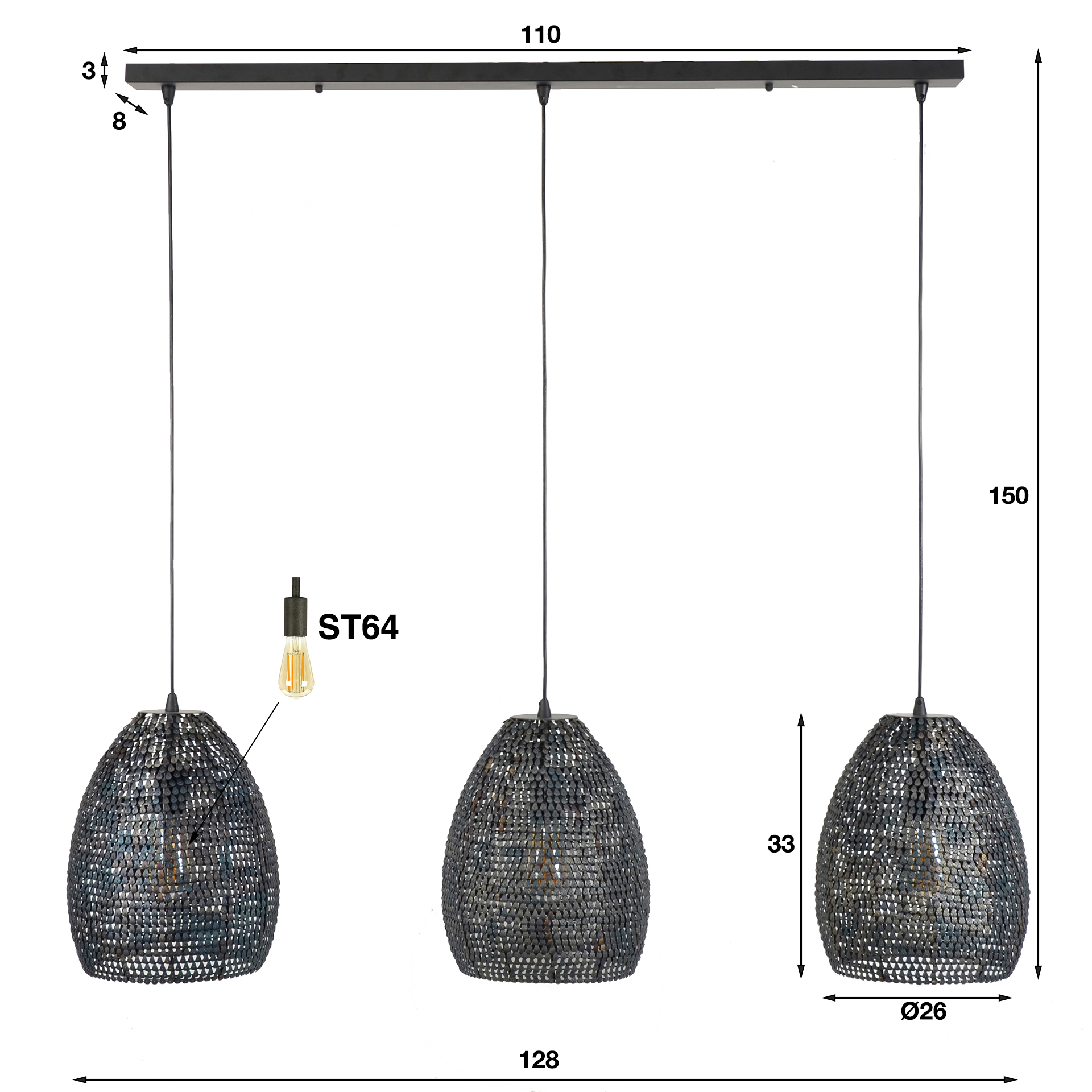 Hänglampa 3x Ø26 pansar oval / Svart brun