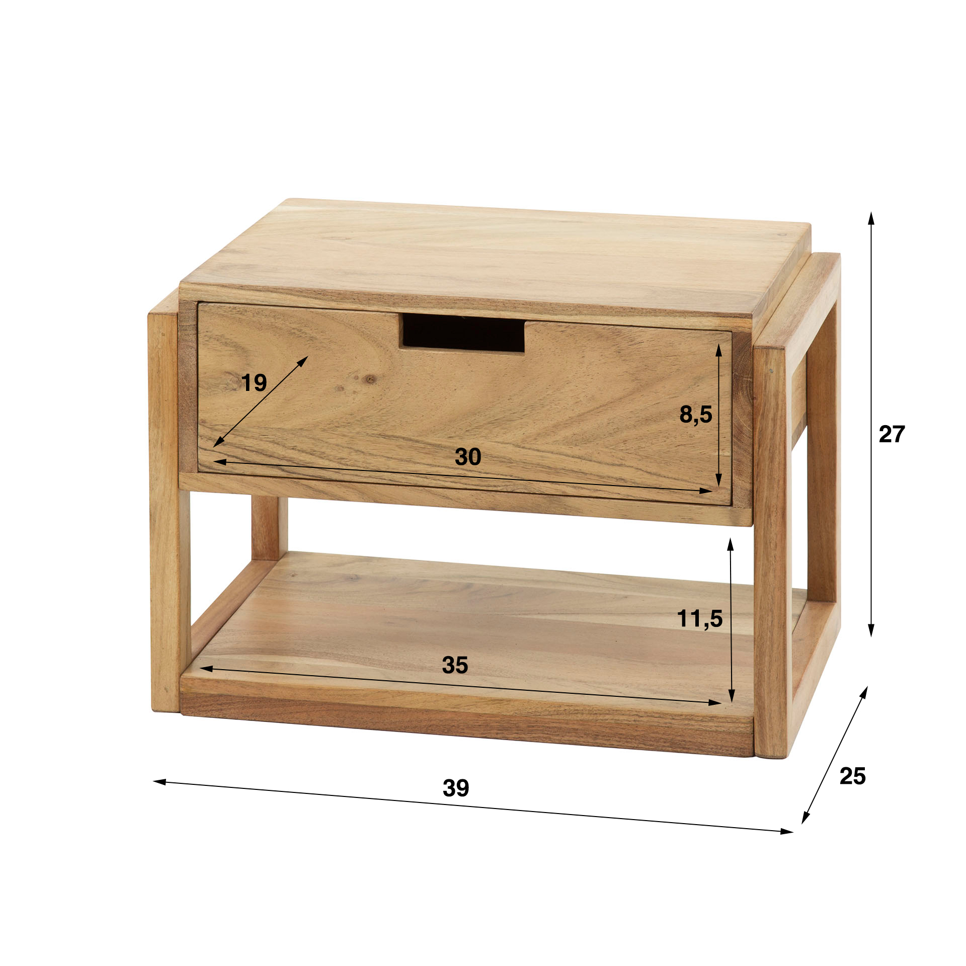 Sängbord 1L trästomme flytande / Solid akacia natur