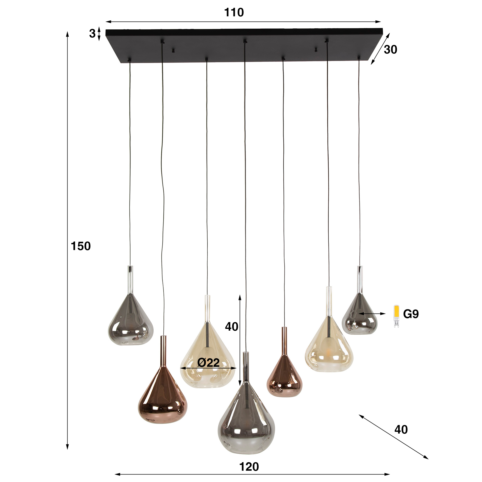 Hänglampa 4+3 vingar mix glas / Svart