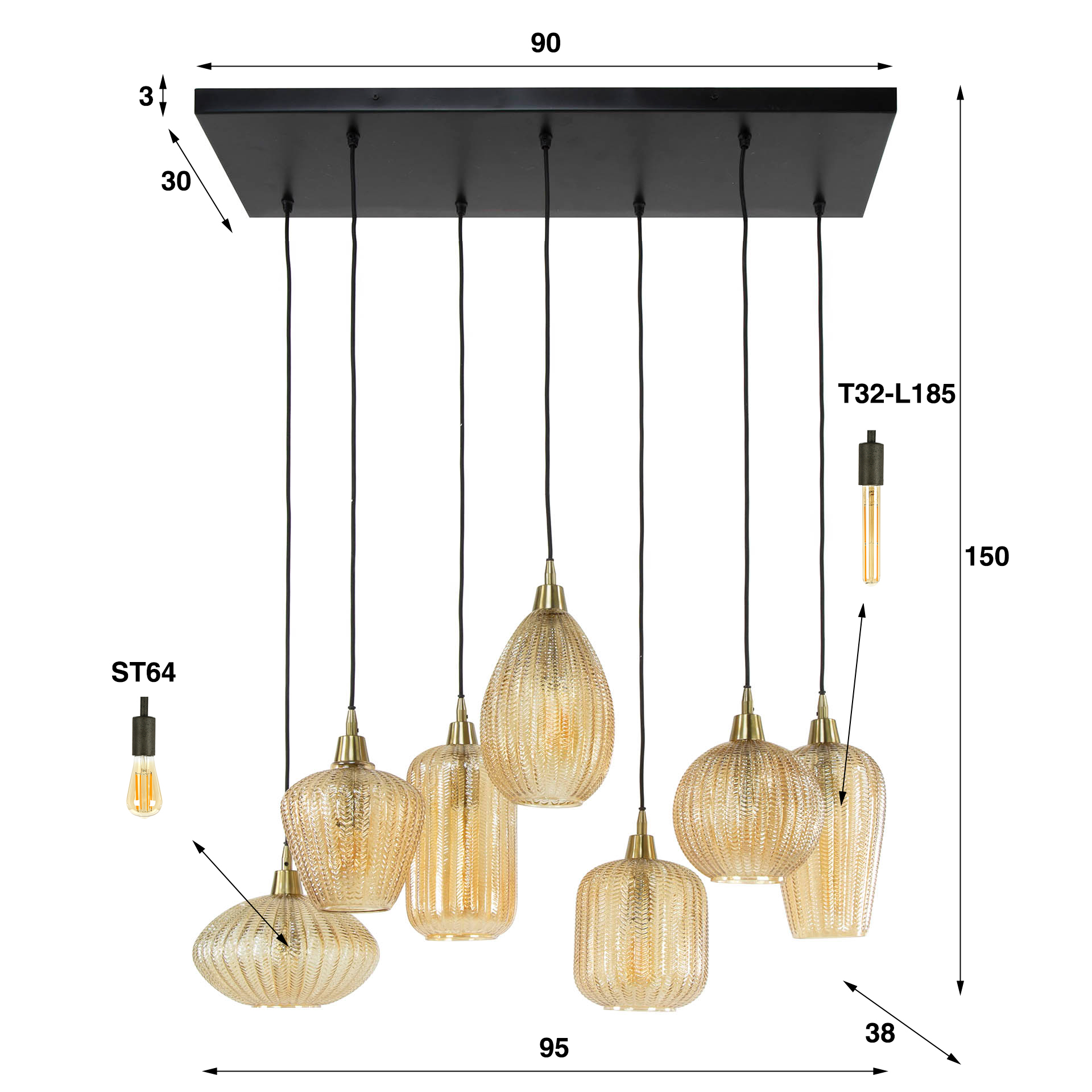 Hänglampa 4+3 V-formad mönstermix / Bärnstensfärgat glas