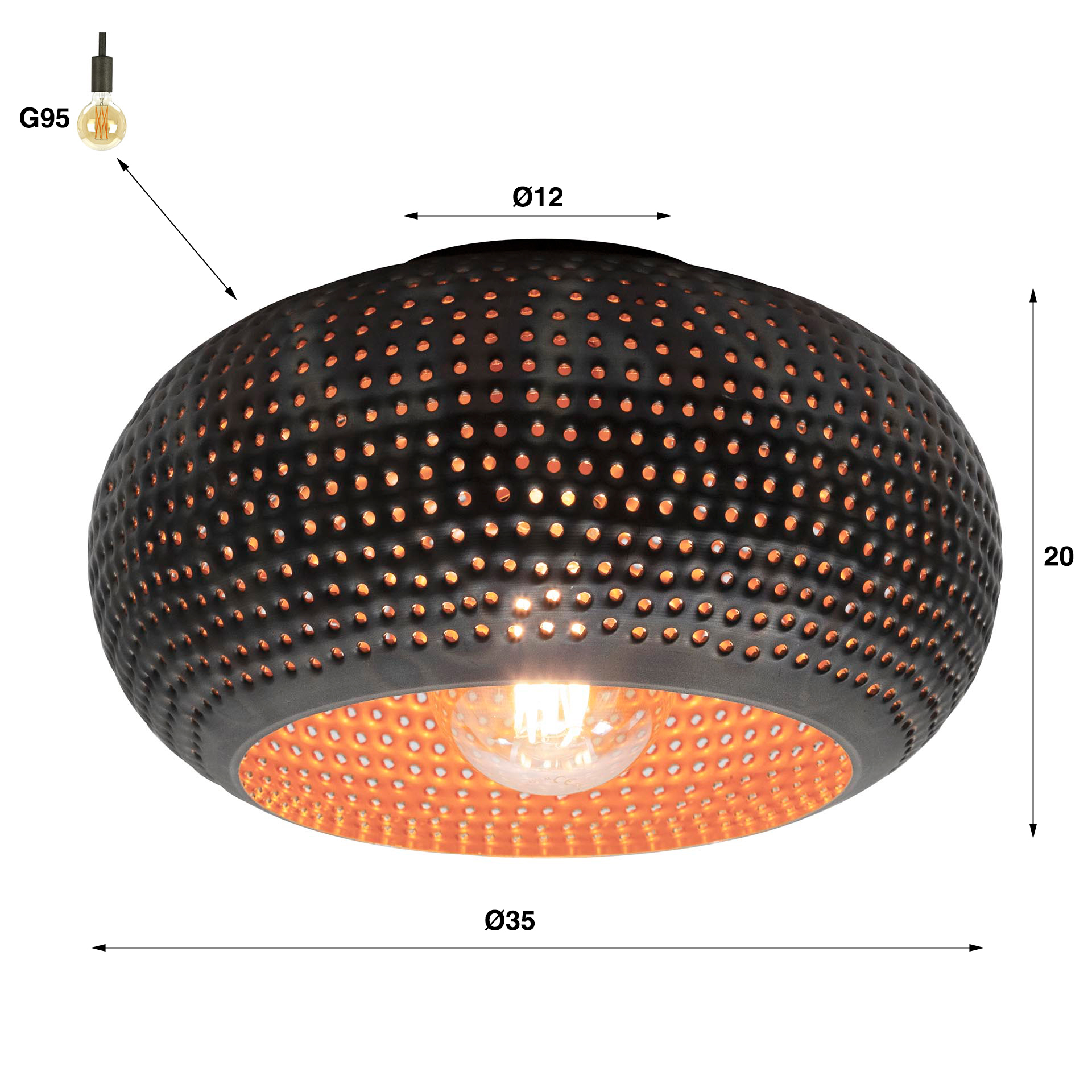 Taklampa Ø35 skivstans / Svartbrun