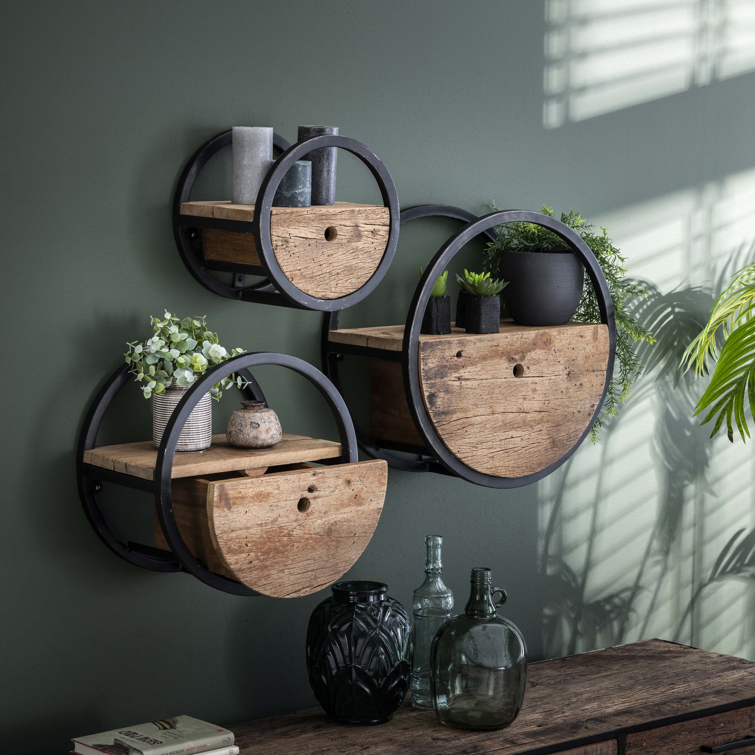 Vägghylla Cirkulär 1 låda Ø30 - Robust lövträ