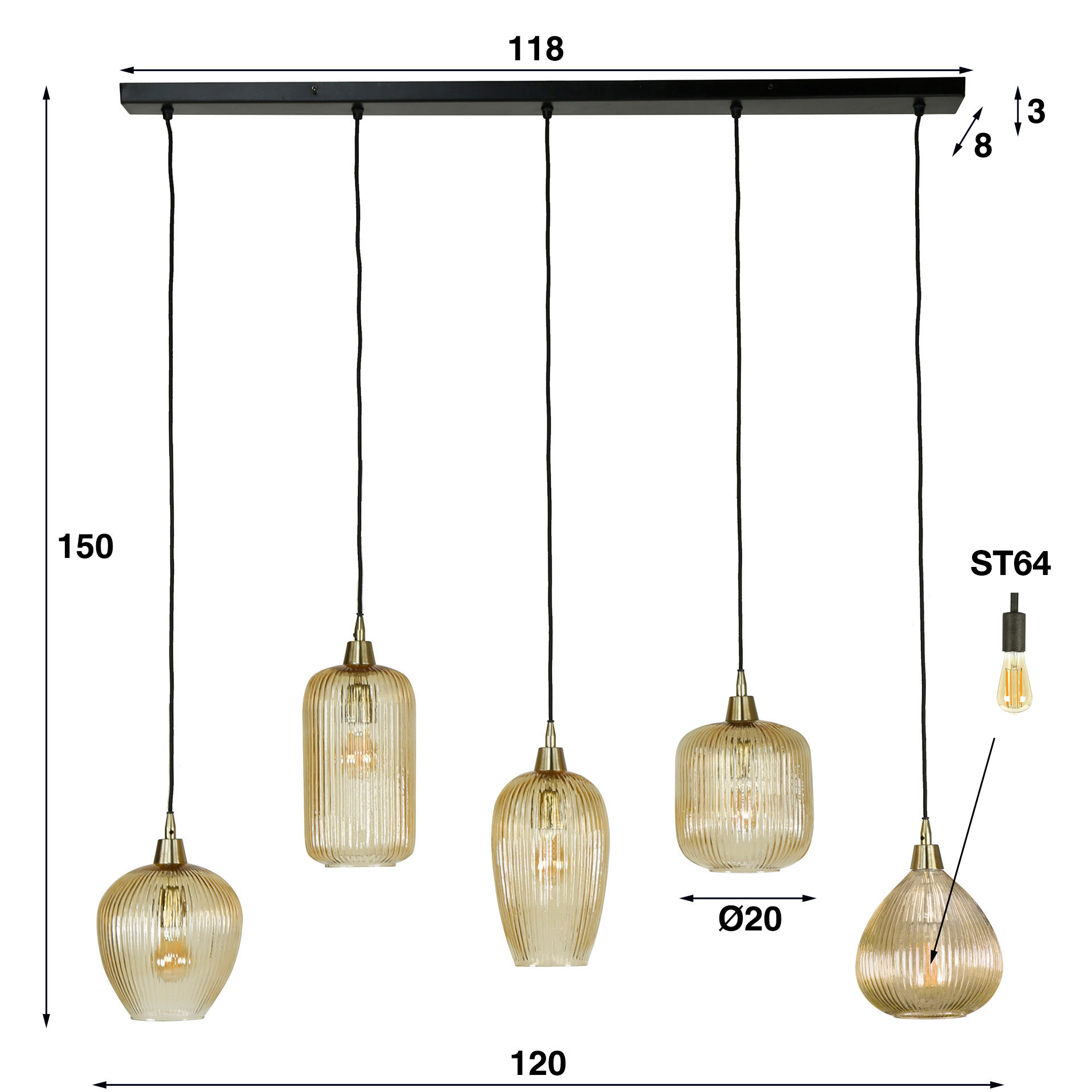 Hänglampa Stripe 5-light - bärnstensfärgad glas