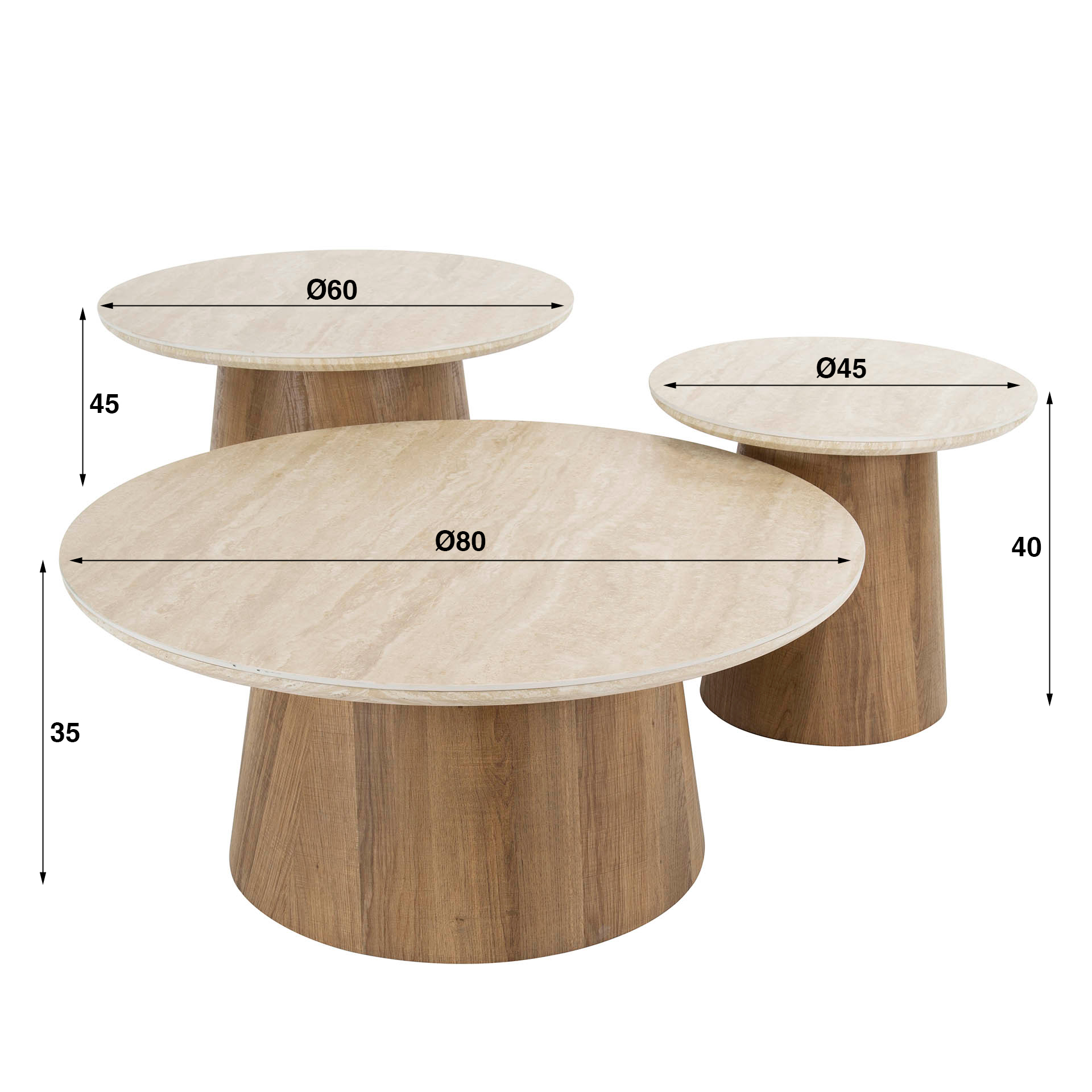 Soffbord Romano runt - Set om 3 - Keramisk travertin