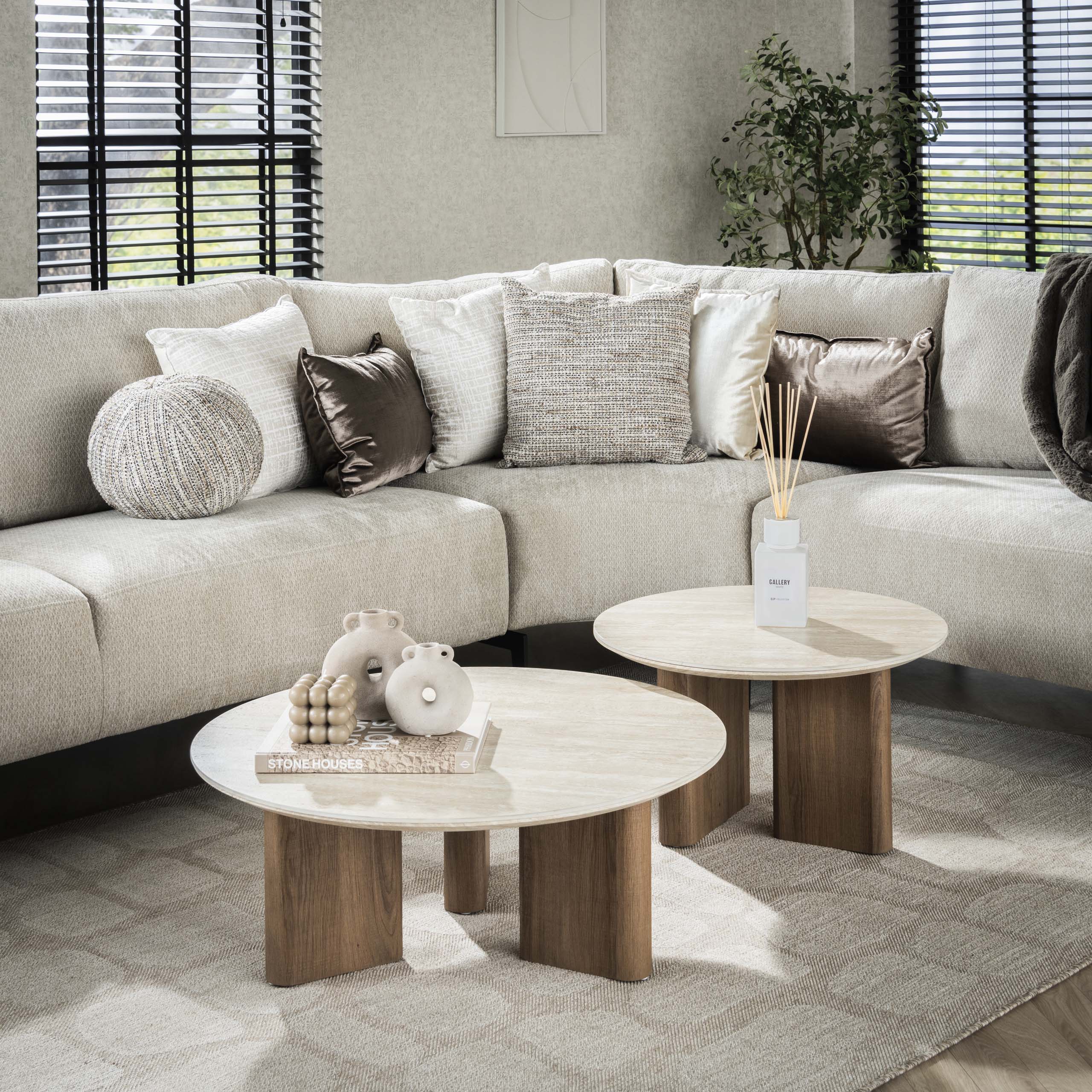 Soffbord Romano runt - Set om 2 - Keramisk travertin