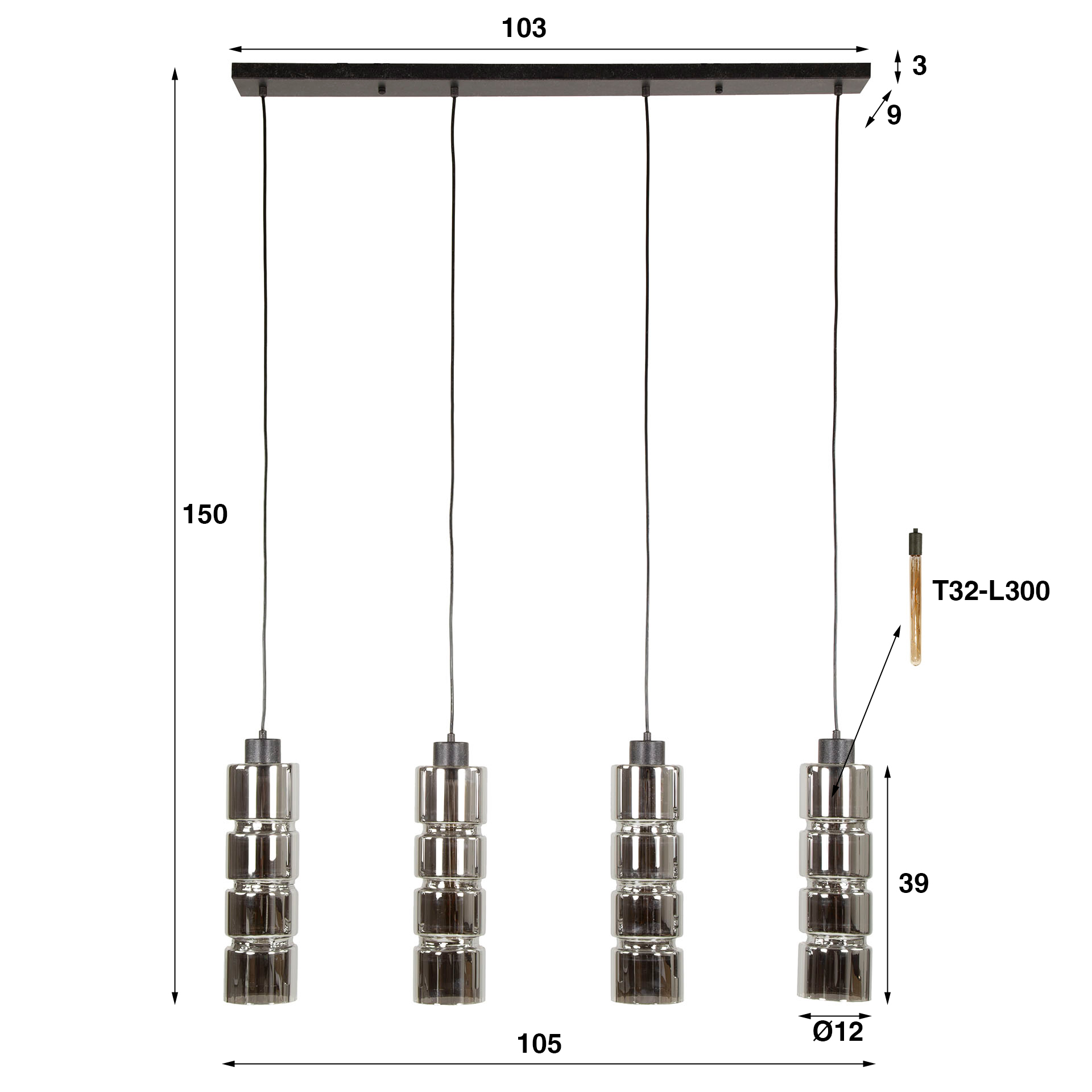 Hänglampa 4L cylinderglas / Artic svart