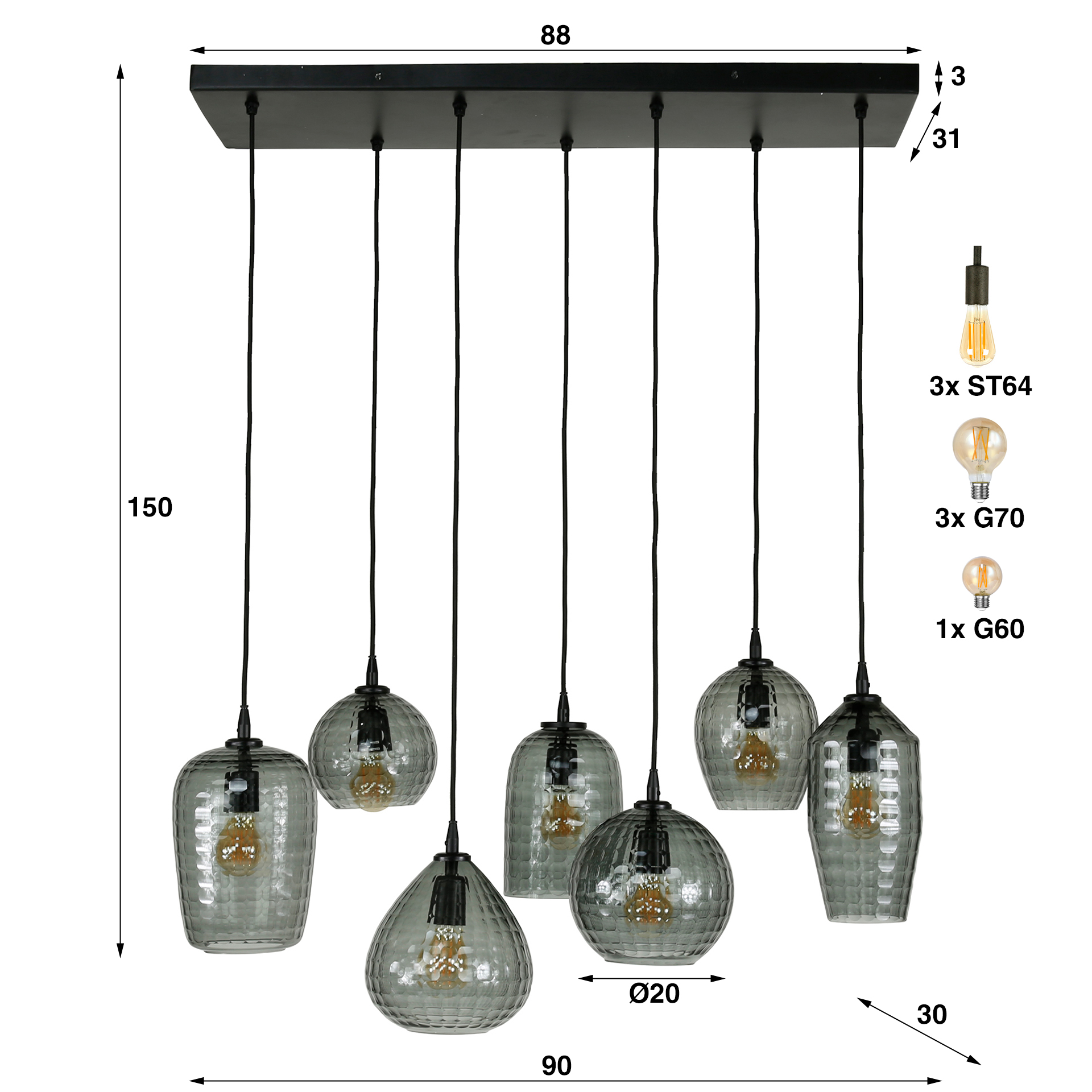 Hänglampa Hexagon 4+3 lampor - Rökgrått glas