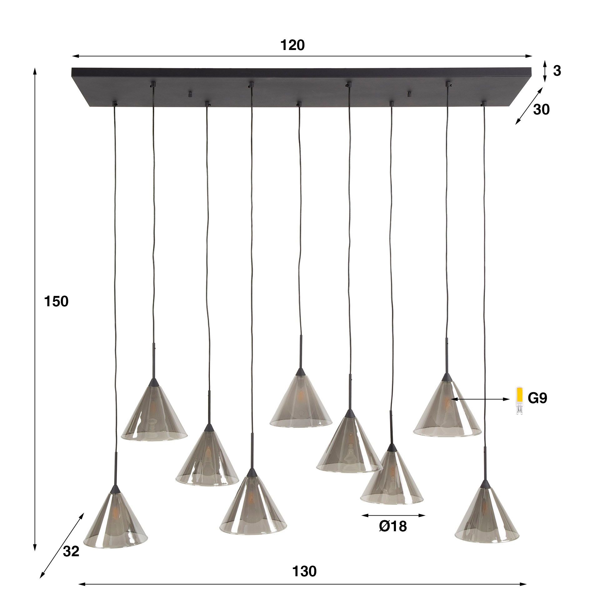 Hänglampa 5+4 avsmalnande skärmglas (G9) / Rökgråt glas