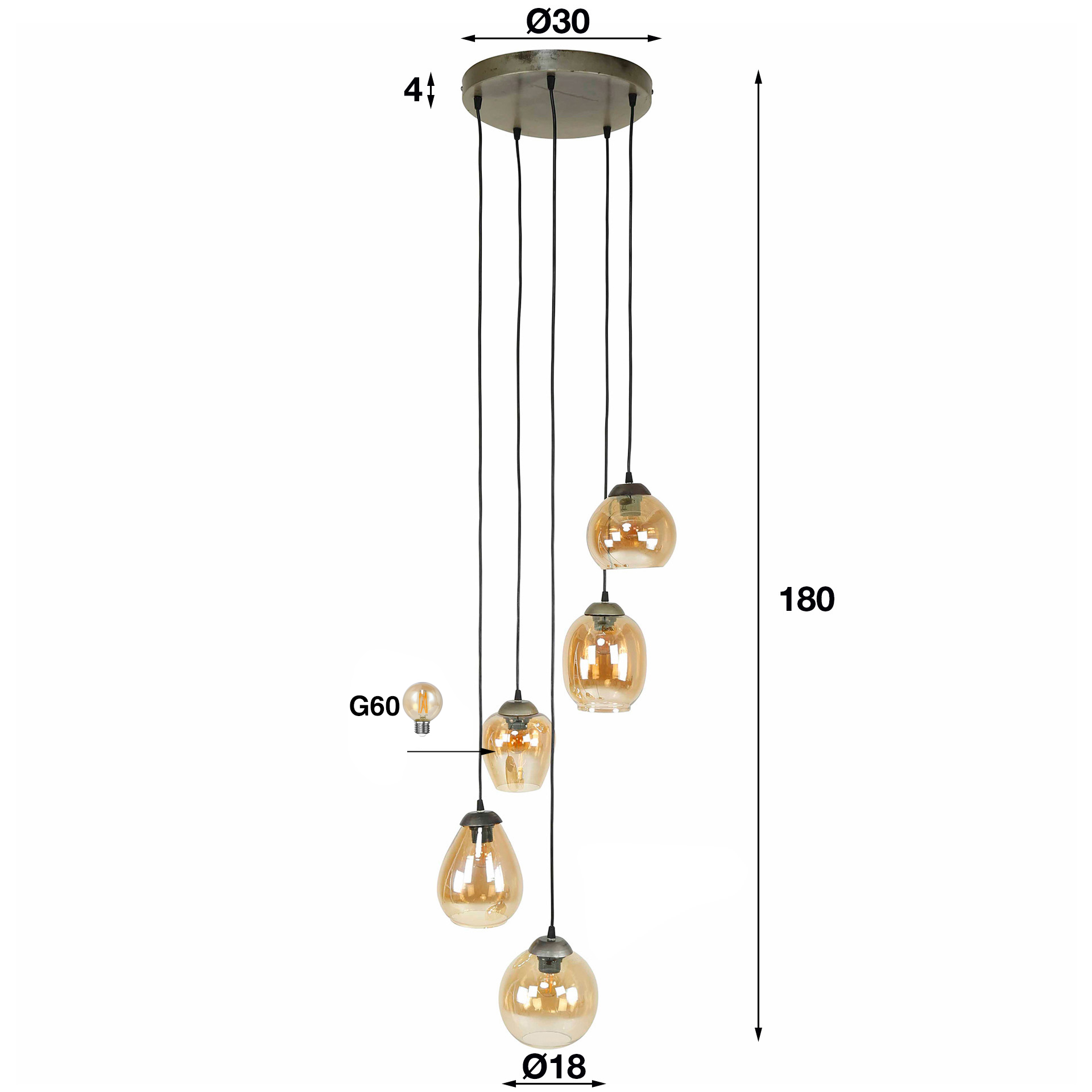 Hänglampa 5L stegmix / Bärnstensfärgat glas
