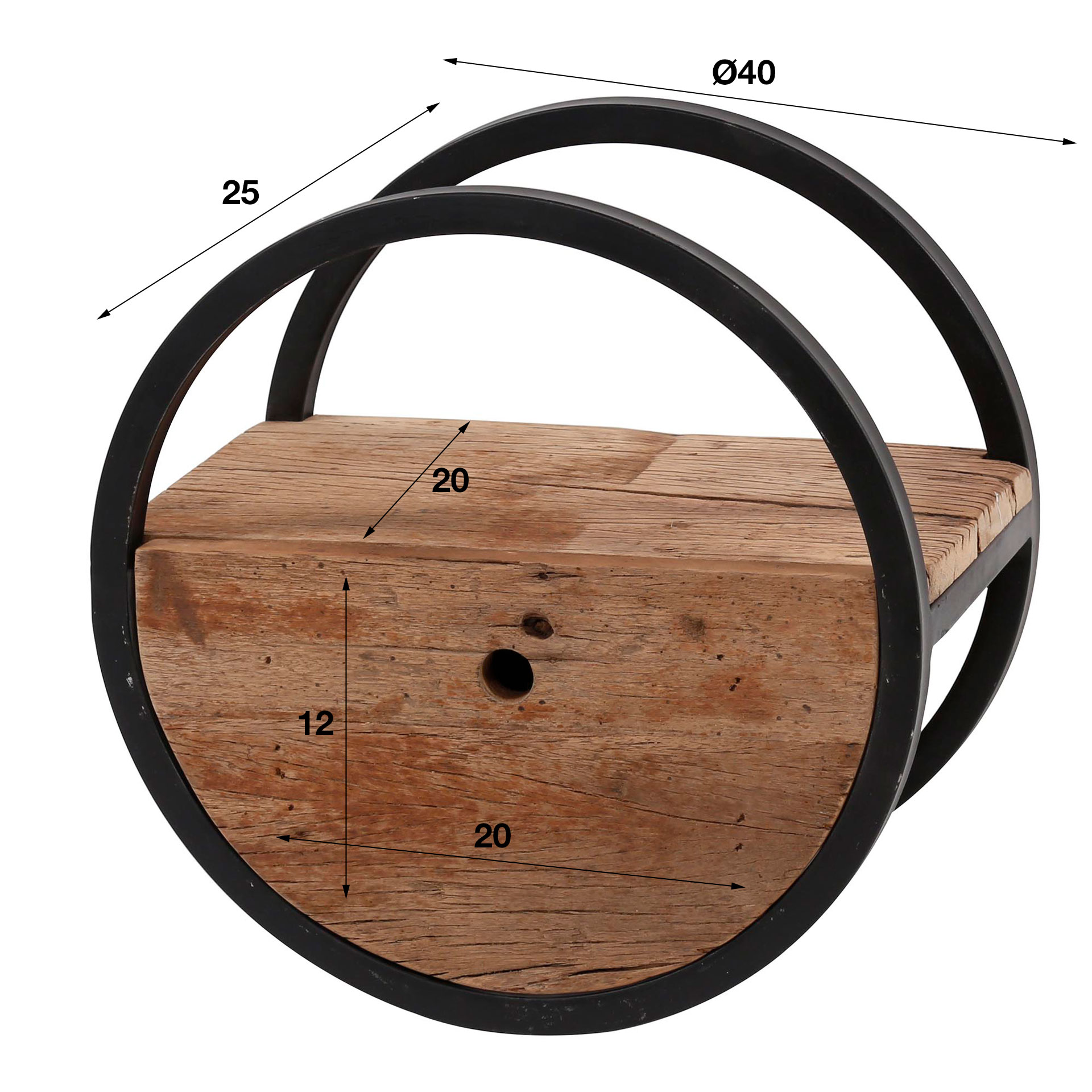 Cirkulär vägghylla Ø40 med låda / Robust lövträ
