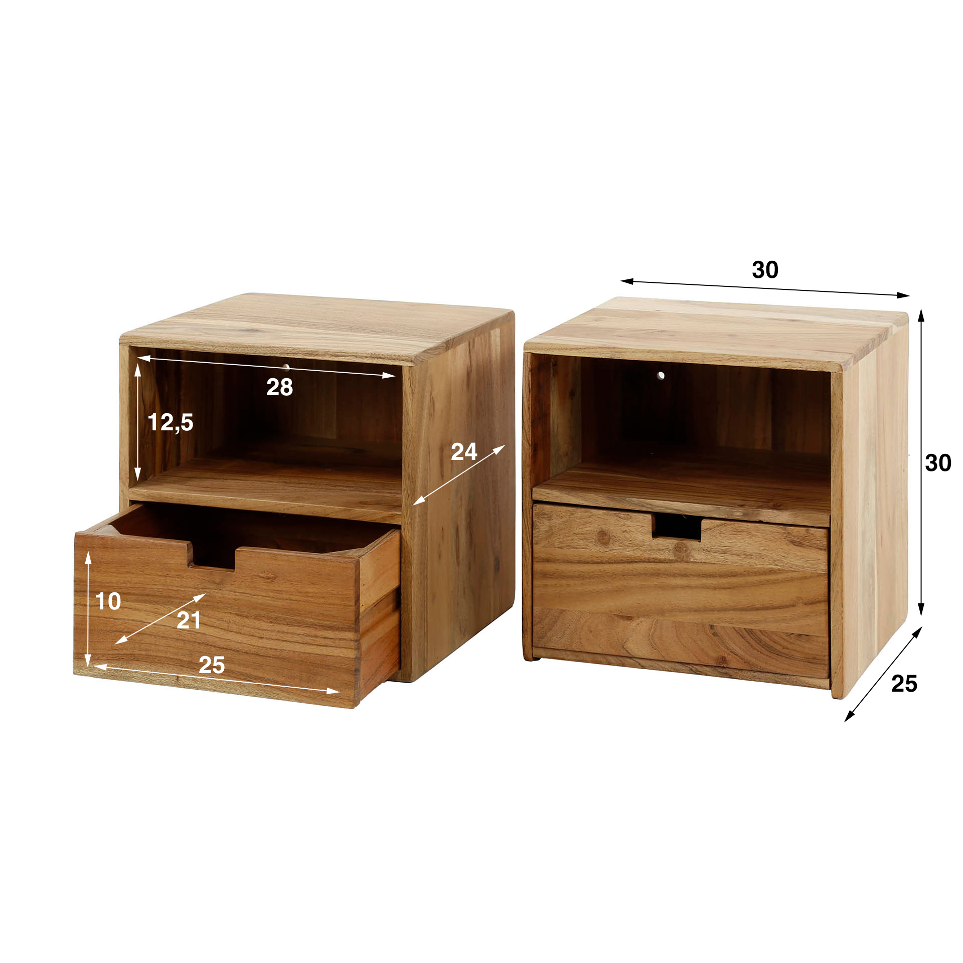 Sängbordsset/2 XS hängande platt / Solid akacia natur