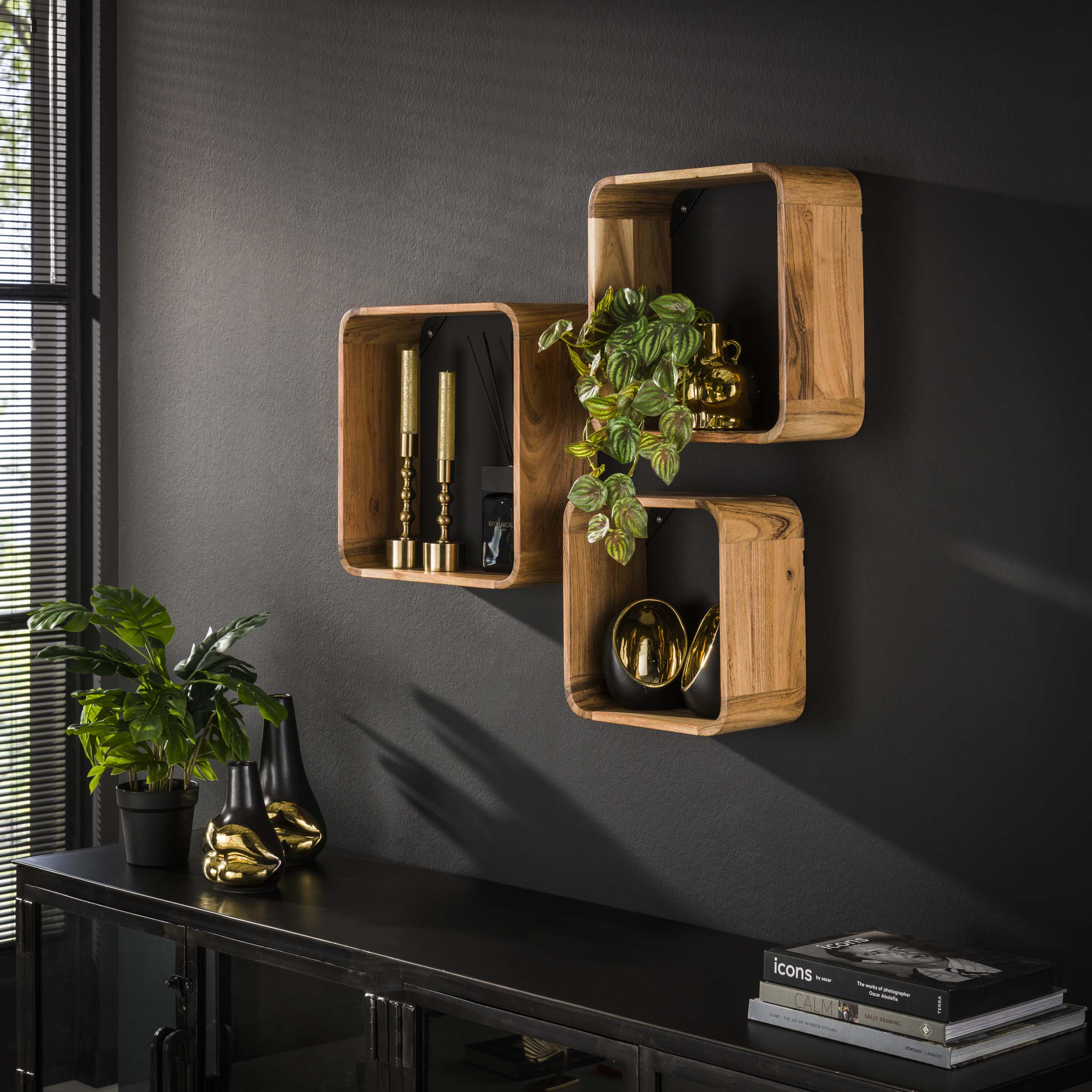 Vägghyllsats/3 kvadrat / Solid akacia natur