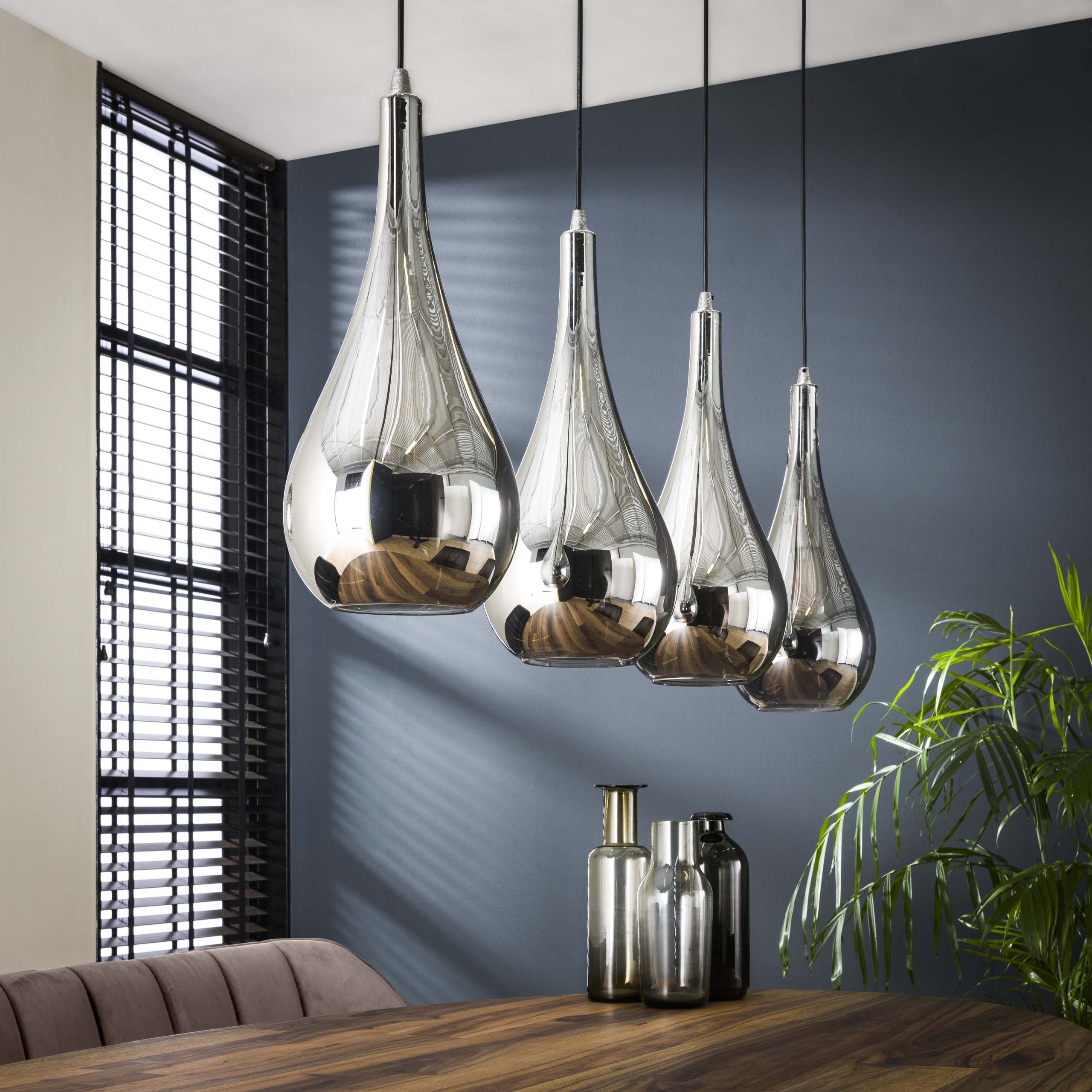 Hänglampa 4L silver droppglas / Kromat glas