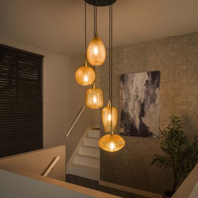 Hänglampa 5L V-formigt mönster trappsteg / Bärnstensfärgat glas